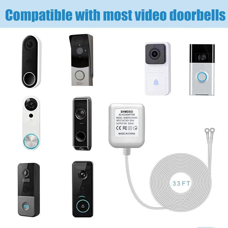 SHMDSO 18V Doorbell Power Supply Compatible with Nest Wyze Eufy Ring Doorbell Transformers 33 Feet Output Cable,18V500MA Adapter (33 Feet White) - Image 3